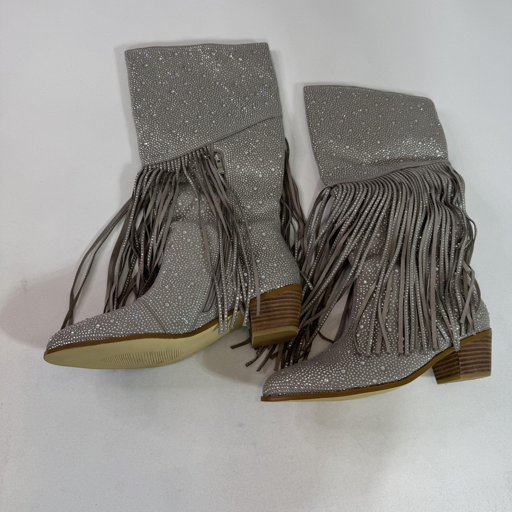 FHSGEG Boots Womens Size 12 Silver Rhinestone Fringe Western Cowboy Knee High